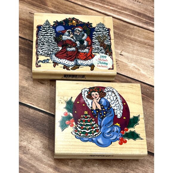 1999 INKADINKADO 2 CHRISTMAS WOODMOUNTED RUBBER STAMPS BY CYNTHIA LYSONSKI ANGEL - Picture 1 of 7